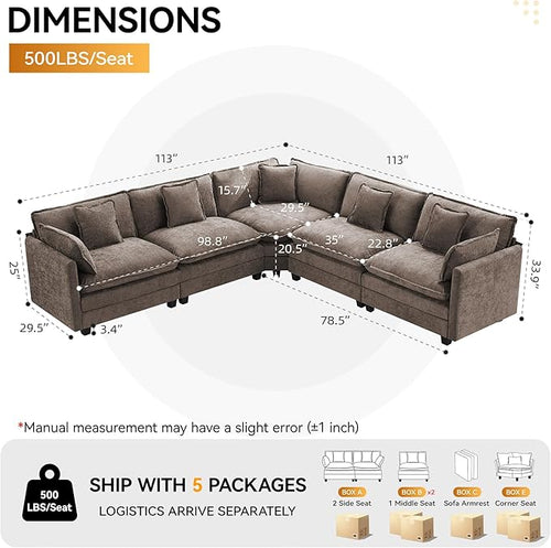 113'' V Shaped Cloud Sectional Sofa, Oversized Deep Seat Couches for Living Room, Chenille Comfy Upholstered Modular Sectional Sofa Couch, Brown