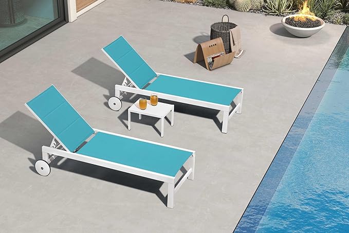 PURPLE LEAF Outdoor Chaise Lounge Set Elderly-Friendly Straight Legs Adjustable Sunbathing Recliner with Side Table for Back Support Poolside Beach Patio Lounge Chairs Blue