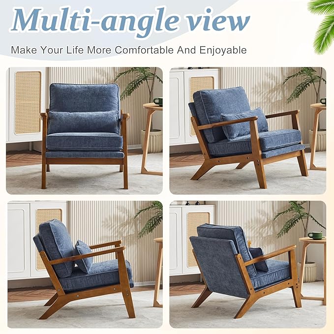 VINGLI Solid Wood Wide Armrests Accent Chair,Upholstered Mid Century Modern Chair with Pillow,Comfy Reading Chair Farmhouse Arm Chair,Chairs Living Room,Bedroom,Guest Room,Chenille Fabric,Dark Blue