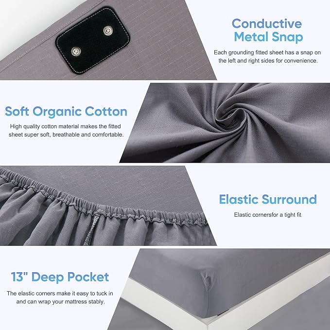 Grounding Sheets King Size, Grounding Sheets Full XL Size, 95% Organic Cotton + 5% Pure Silver Fiber, Grounded Sheet Earth Connected Bedding (Full XL - 54"x 80"x 13" Gray)