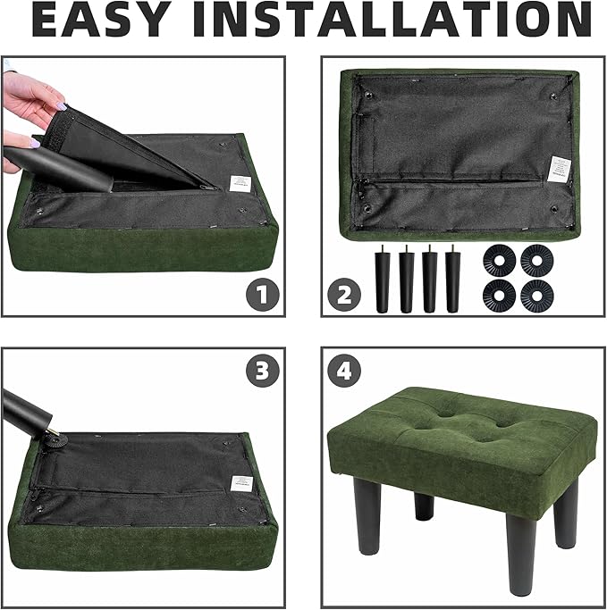 CAROLMADE Ottoman Foot Rest, Suede Small Ottoman Foot Stool with Legs Modern Footstool Ottomans for Living Room Entryway Office, Green