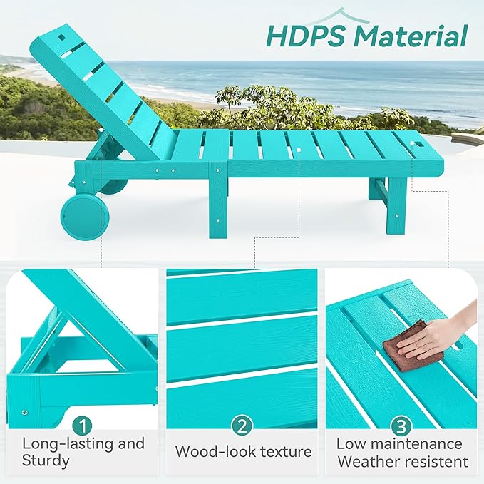 Homenjoy Outdoor Chaise Lounge Chairs with Table, 3-Piece, 26.8” Super Wide Lounge Chair Outdoor, HDPS Pool Chairs with 5 Positions, Patio Lounge Chair with Wheels for Pool,Lawn,Backyard, Aruba Blue