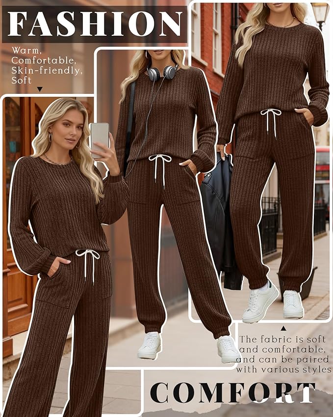 Sweetyweee Women's Ribbed Knit Lounge Sets 2 Piece Outfits Long Sleeve Pajamas Set Loungewear Sweatsuits Fall Pjs with Pocket
