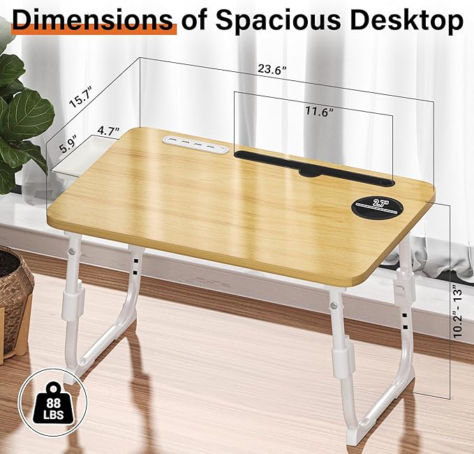 DECOSIS Laptop Bed Desk Height Adjustable, Bed Laptop Table with USB/Storage Drawer/Cup Holder/Tablet Stand/Book Shelf, Foldable Breakfast Tray Portable for Reading Writing, Bed, Sofa & Floor, Wood