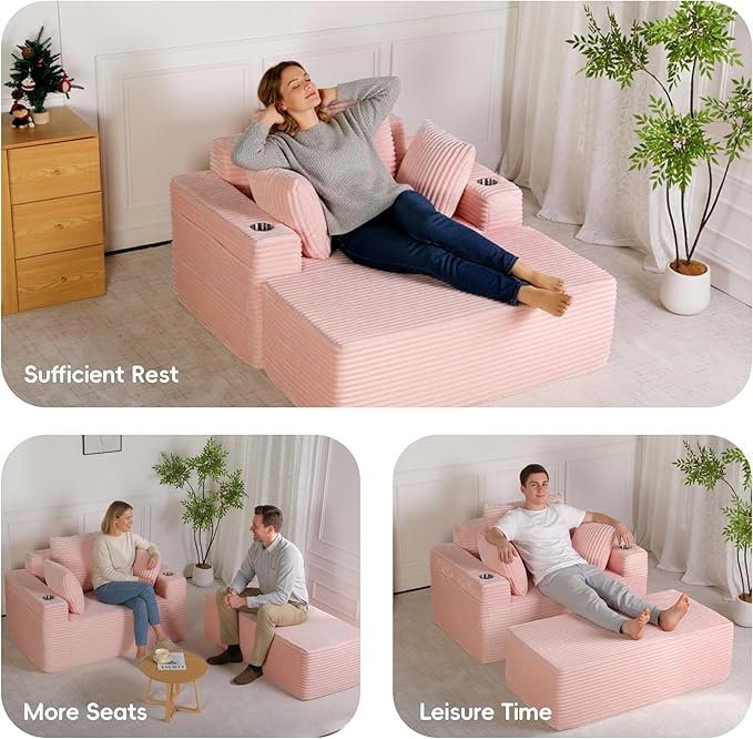 54"W Oversized Chaise Lounge Chair Indoor, Boneless Chaise Lounge Couch, Convertible Comfy Reading Chairs, Compression Sofa with Ottoman, Corduroy Sleeper Couch Chair for Living Room, Pink