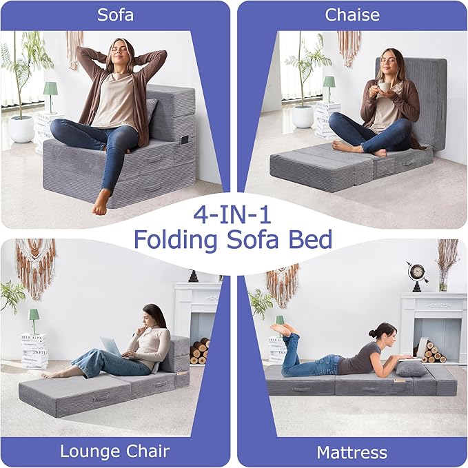 HILERO Folding Sofa Bed, 4 in 1 Convertible Sleeper Chair with Pillow, Single Memory Foam Fold Out Chair Bed, Modern Floor Futon Sofa Couch Mattress for Living Room/Guest/Apartment, Light Gray