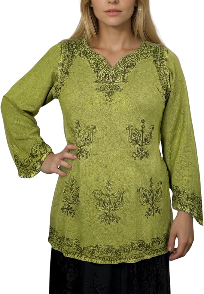 Agan Traders 2025 Winter Long Sleeve Diamond Neck Embroidered Tops - Medieval Boho Vintage Tunic Kurta Blouses for Women