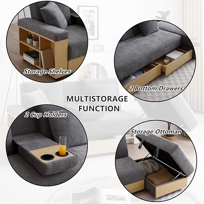 Roockky Convertible Sofa Bed, 85" Folding Sectional Sleeper Sofa with Storage Ottoman, Drawers, Built-in Bookshelves and 2 Cup Holders, Linen (Gray)