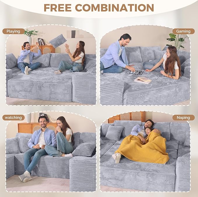 136'' Large Sectional Cloud Couches with Chaise, U Shaped Boneless Sofa Bed with Ottoman, No Assembly Required Deep Seat Modular Lounge for Living Room 4PCS Set, Bedroom(Light Grey)