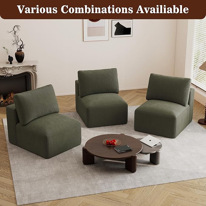 31" Modular Middle Seat Cloud Couch Extension, Armless Memory Foam Boneless Chair, Cozy Upholstered Corduroy Frameless Single Seat, No Assembly Required Accent Chair for Living Room Bedroom, Green