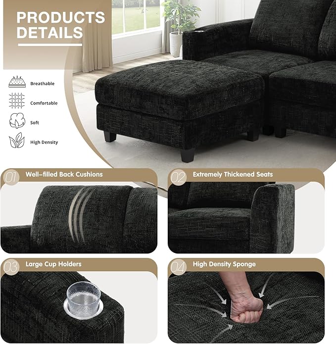 Lesofair 110" Chenille U-Shape Sofa with Flexible Ottomans, Comfy Sectional Sofa with 2 Built-in Cup Holders, Convertible 4 Seats Couch with Well-Filled Back Cushions for Living Room, House, Black