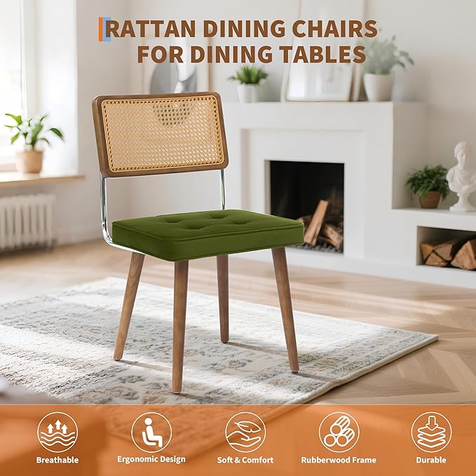 GarveeHome Natural Rattan Dining Chairs Set of 6, Velvet Upholstered Kitchen Chairs with Tall Cane Backrest and Strong Wood Legs for Dining Room, Kitchen, Restaurant, Green