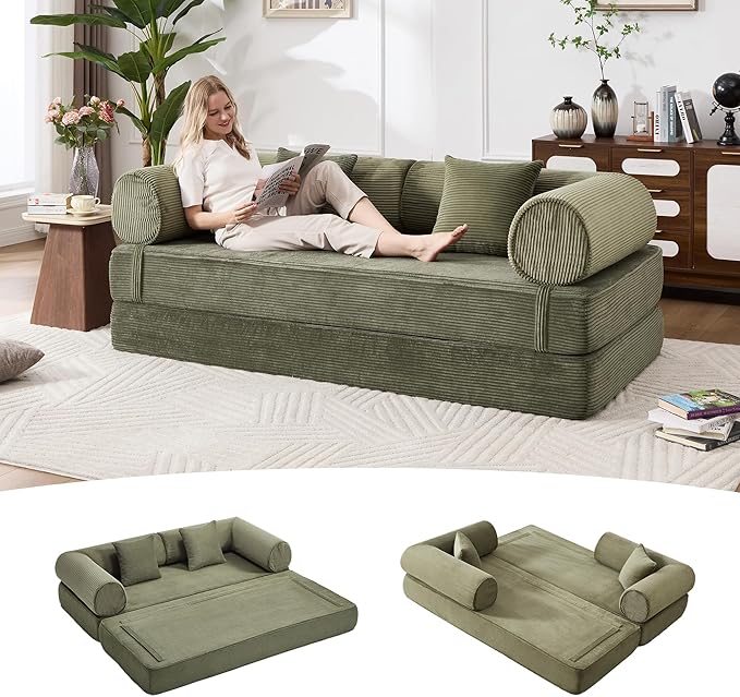 Tbfit Boneless Sofa Bed, Corduroy Compress Couch with Wide Armrests & 2 Pillows, Deep Seat Couches for Living Room