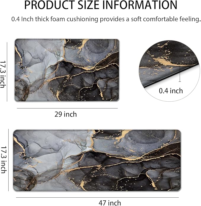 Anti Fatigue Kitchen Mat Cushioned 2 Pieces Black Kitchen Rugs Non Slip Waterproof Kitchen Floor Mats Gold Kitchen Accessories Comfort Memory Foam Kitchen Mats for Floor Laundry Room