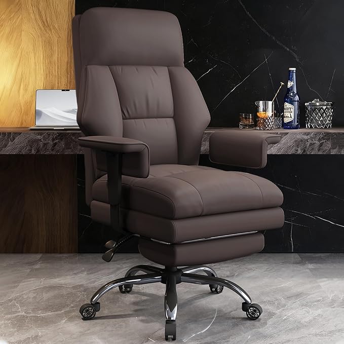 WXJHL Office Chair with Leg Rest, Leather High Back Executive Office Chair with Wheels, Ergonomic Desk Chairs with Lumbar Support for Home Office, Brown