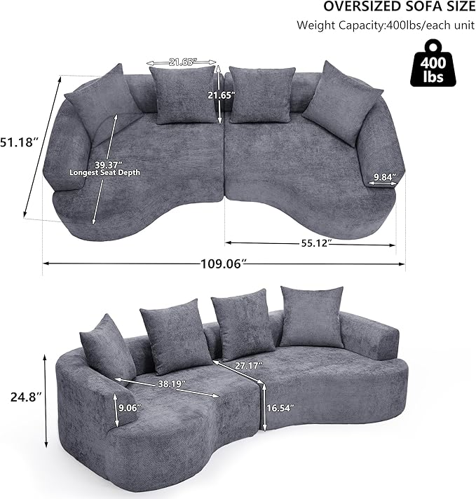 109” Curved Sectional Sofa, Chenille Fabric Modular Cloud Couch, No Assembly Required Half Moon Couch with Deep Seat, 4 Pillows for Living Room, Apartment, Bedroom
