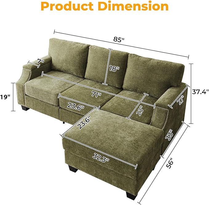 Rukefo 85" Sectional Sofa Couch with Storage Ottoman,L Shaped Couch with Armrest Organizer,3-Seater Sofa,Small Modular Couches for Living Room,Bedroom,Apartment,Chenille,Green