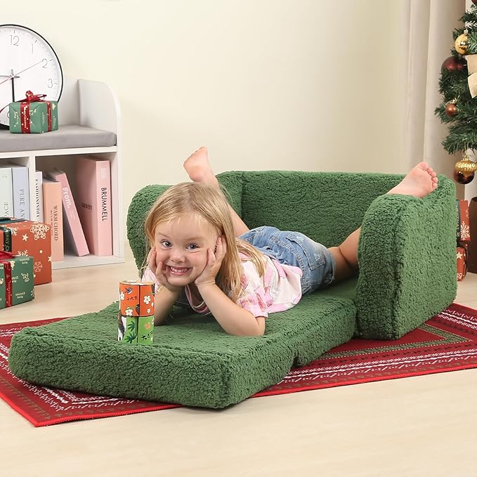 Kids Sofa, 2-in-1 Flip-Out Foam Couch with Soft Sherpa Cover, Cozy Play Lounge Chair, Green