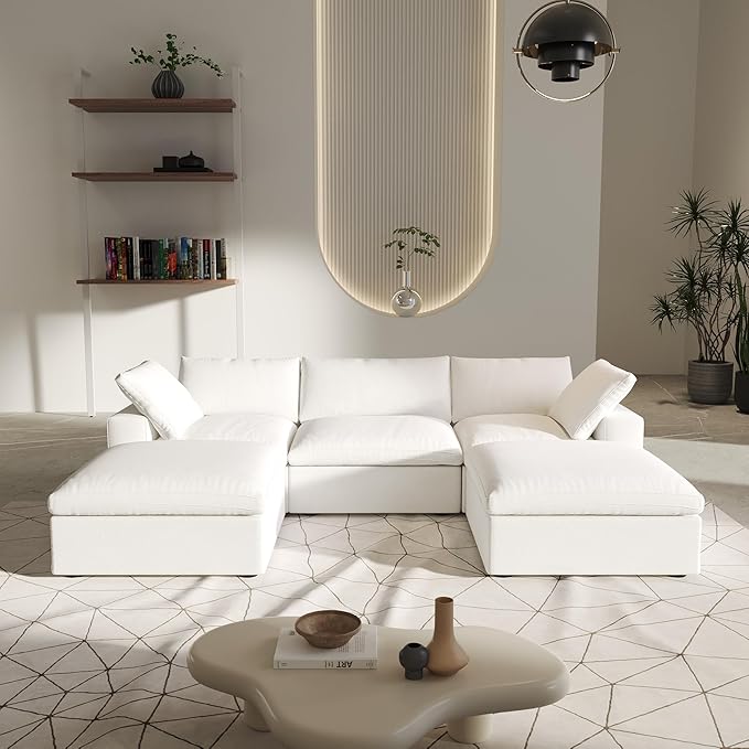 U-Shaped Cloud Sectional Couch, White Modular Sectional Sofa, Modern Comfy Cloud Sofa with Storage Ottomans, Covers Removable, Convertible Sleeper Couch for Living Room Apartment (Linen Fabric)