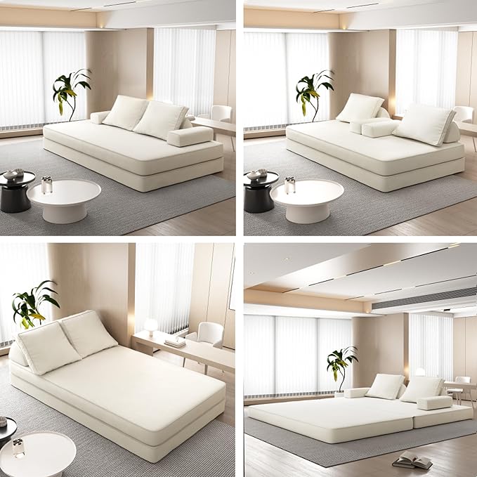 87" Foldable Floor Couch, 3-Seat Convertible Sleeper Sofa with Removable Backrests and 2 Soft Pillows, Chenille Fabric, for Living Room, Bedroom, Apartment, No Assembly Required, Beige