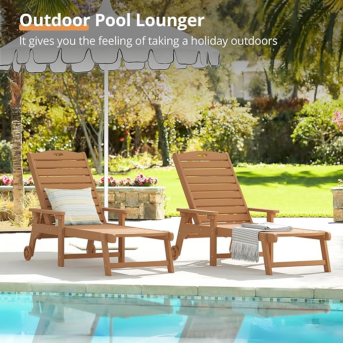 LUE BONA Chaise Lounge Chairs Set with Table, 3-Piece, 79'' Oversized HDPS Chaise Lounger, 5 Positions Adjustable Lounge Chairs, Pool Lounge Chair with Wheels for Poolside, 3 Year Warranty, Teak Color