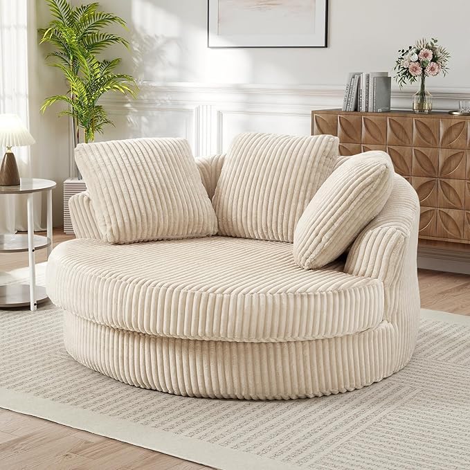 61"W Oversized Round Chaise Lounge Chair Indoor, Upholstered Corduroy Large Circle Boneless Chair with Deep Seat, No Assembly Required, Modern Comfy Cloud Sofa Chairs for Living Room, Bedroom(Beige)