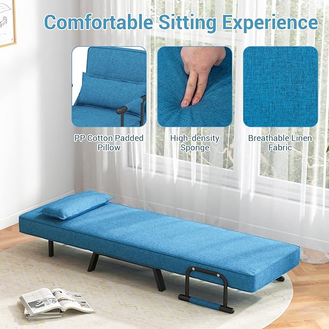 KOMFOTT Convertible Sleeper Chair Bed, 4-in-1 Folding Sofa Bed with 6-Position Adjustable Backrest, Upholstered Chaise Lounge with Removable Pillow, Leisure Recliner Lounge Couch for Home Office