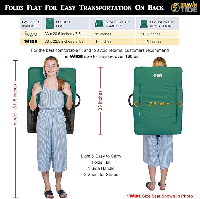 BRAWNTIDE Stadium Seat with Back Support - Comfy Cushion, Thick Padding, 2 Steel Bleacher Hooks, 4 Pockets, 2 Cup Holders, Reclining Back, Ideal Chair for Sport Events, Beaches, Camping, Concerts