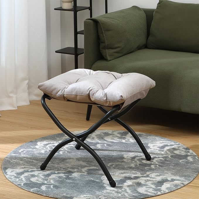 Mordchil HF 15"(H) Folding Ottoman, Foldable Footrest Stool, Portable Small Foot Stool for Couch, Collapsible Foot Rest Ottoman for Sofa, Accent Padded Ottomans for Home, Living Room, Light Grey