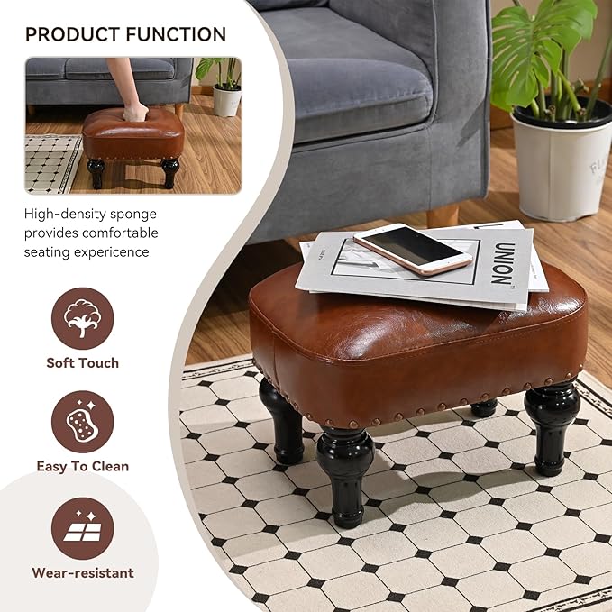 DSGAMER Leather Ottoman Footrest,Rustic Foot Stools Seat,Wood Footstool,Rectangle Footrest Small Ottoman for Bedroom,Living Room,Office,Entrance Hall (Blue)