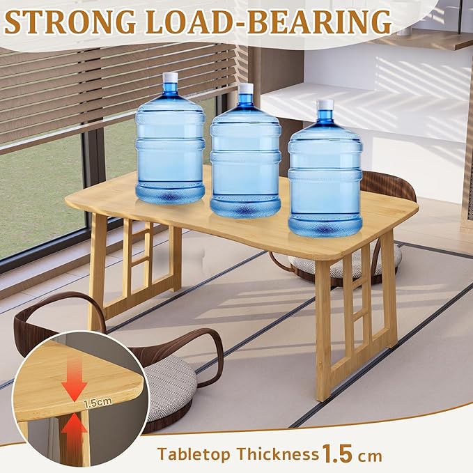 Folding Coffee Table, Foldable Japanese Floor Low Table Small Coffee Tables for Sitting On The Floor, No Assembly Portable Tea Table for Living Room Meditation Tea Room Tatami Zen Dining (Wood)