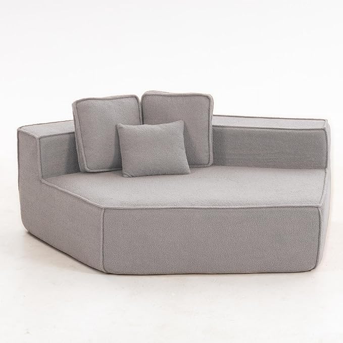 EPOFIT 1-Seater Teddy Fleece Modular Sofa Chair, Low-Profile Floor Seat with Wide Cushion and All-Foam Support, Left-Facing Design, Compressed Packaging – Grey