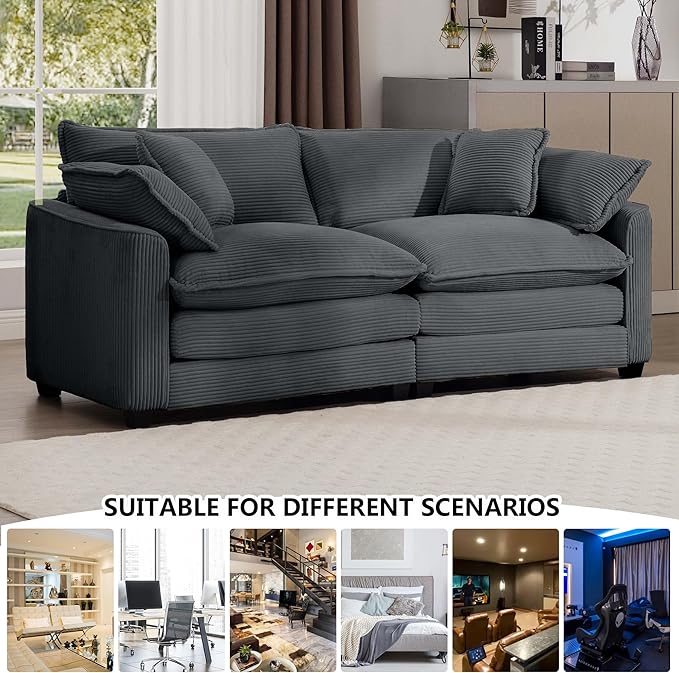 Aoowow Corduroy Loveseat Couch,Modern 2 Seater Cloud Couches for Living Room,Modular Sectional Cloud Sofas with Deep Seat,Large Love Seat for Small Spaces,Apartment,Office. (Grey, 2 Seater)