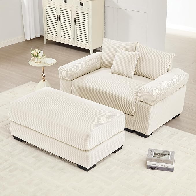 KEIKI 54" Oversized Corduroy Modular Sectional Single Sofa with 1 Ottoman, High-Density Foam Cushions, Extra-Thick Armrests, Modern 1-Seater Lounge Accent Chair with 3 Pillow, for Living Room, Beige