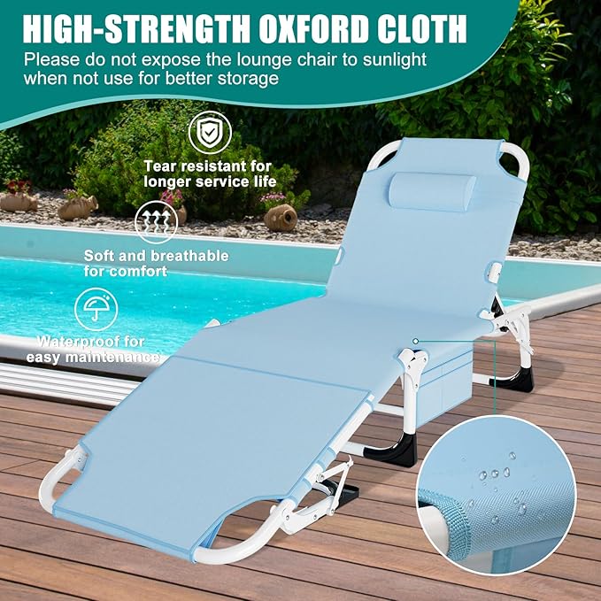 DoCred Heavy Duty Tanning Chair with Face Hole, Adjustable 5-Position Folding Chaise Lounge Chairs for Outside, Portable Lay Flat Beach Lounge Chair for Outdoor Sunbathing Beach Pool Lawn Camping