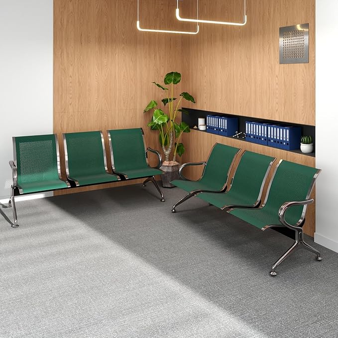 Kinfant 3-Seat Waiting Room Chair - Office Guest Reception Chairs with Ergonomic Backrests, Airport Waiting Bench with Armrests, Metal Waiting Furniture for Hospital, Bank (Dark Green, Set of 2)