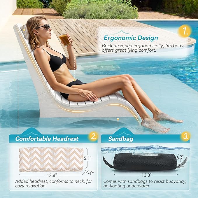 Homenjoy HDPS Pool Lounge Chairs Set of 2, Use in Pools Lounge Chairs up to 10-Inches of Water, Chaise Chairs with Headrest, Lounge Chair Outdoor, Fade-Resistant Pool Lounger for Deck