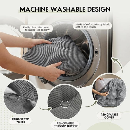 11In Washable Floor Pillow for Adults, Yoga & Meditation Cushion with Handle, Square Large Pillows Seating with Removable Tufted Corduroy Cover for Tatami Living Room Board Games, Light Gray