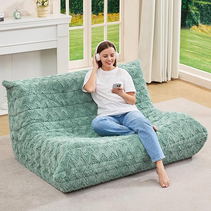 Bean Bag Chairs for Adults Giant Bean Bag Chair Memory Foam BeanBag Chair Bean Bag Sofa with Filler Faux Fur Fireside Beanbags Lazy Sofa for Living Room Bedroom Office (Green Chevron, Loveseat)