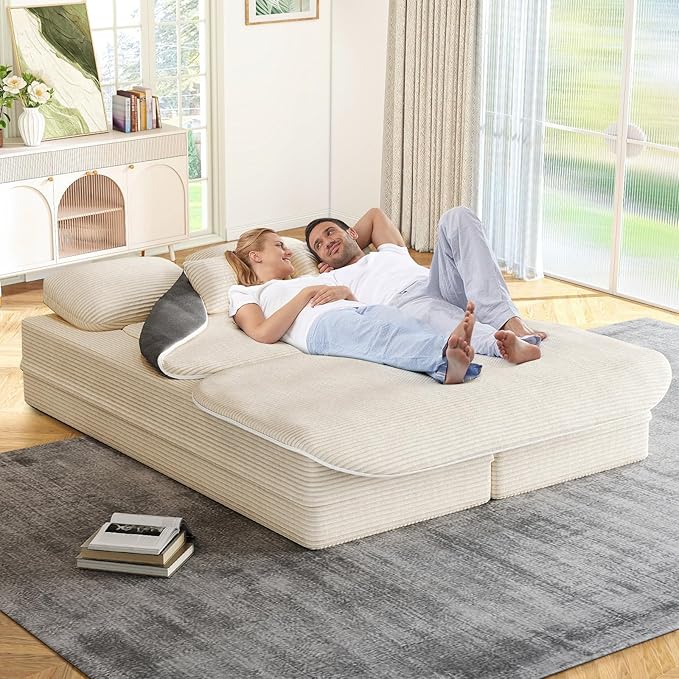 Antetek Convertible Sleeper Sofa, Modern Folding Futon Corduroy Floor Foam Compression Loveseat Sofa Bed Couch, Foldable Full Size Guest Bed with 4 Pillows for Living Room Bedroom Apartment, Beige