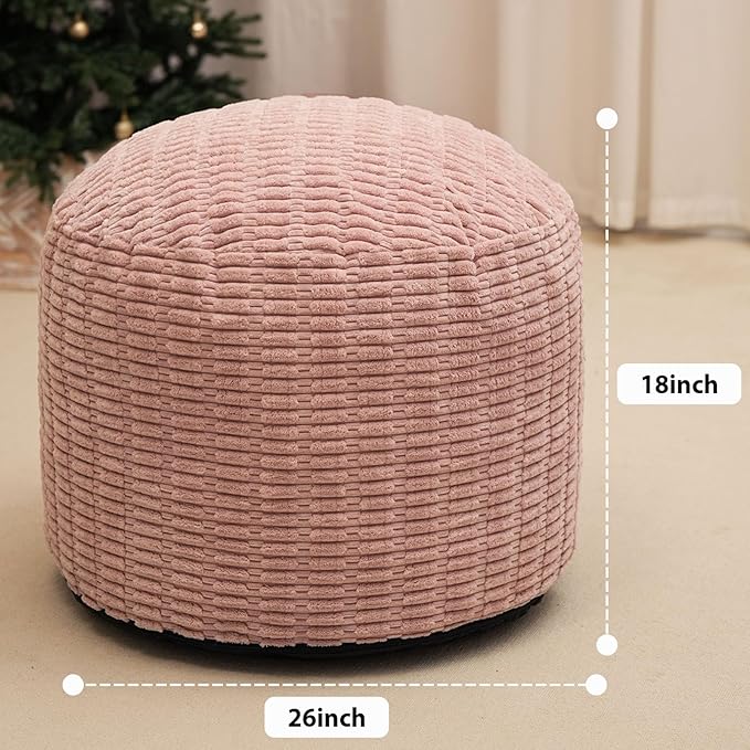 Homlazeezy Round Stuffed Pouf Ottoman for Foot Rest, Storage Ottoman Pouf Foot Stool Cushion, Faux Fur Poufs with Foam Chunk Filling, 26 X 18 Inch Floor Chair for Living Room Bedroom Home Decor, Pink