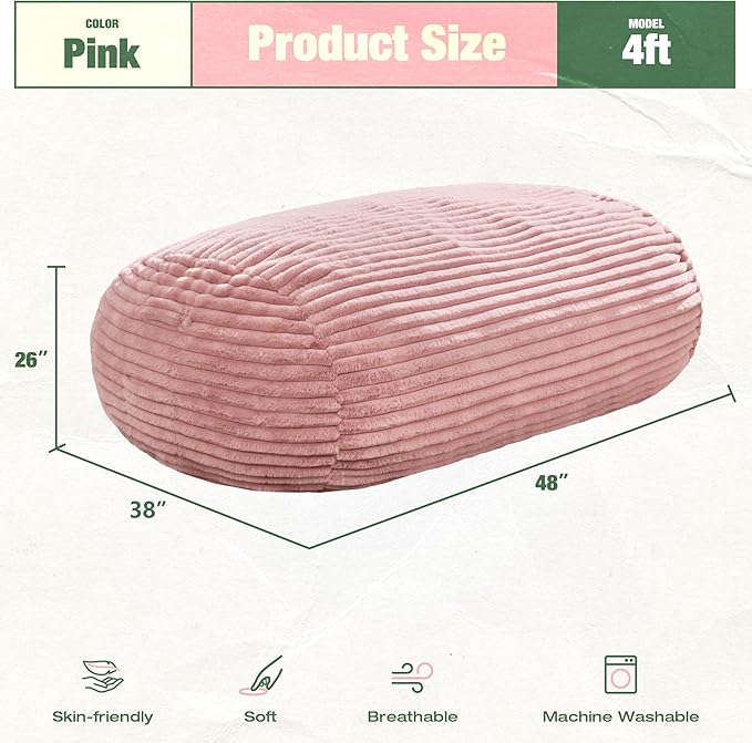 Hobestluk 4FT Bean Bag Chairs Adult Bean Bag with Portable Handle Comfy Large Bean Bag Chair with Removable Cover for Living Room Bedroom or Reading Nook (Stripe Pink, 4FT)