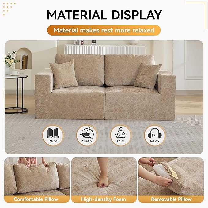 83'' Boneless Loveseat Sofa, Comfy Deep Seat Sectional Cloud Couch, No Assembly Chenille Love Seat for Living Room, Camel