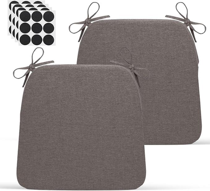 D-Shaped Indoor Chair Cushions 17" x 16" for Kitchen & Dining Chairs – 2'' Thick Seat Pads with Ties & Non-Slip Backing, High-Density Foam, Machine-Washable Covers, Set of 2 with Chair Leg Pads, Gray