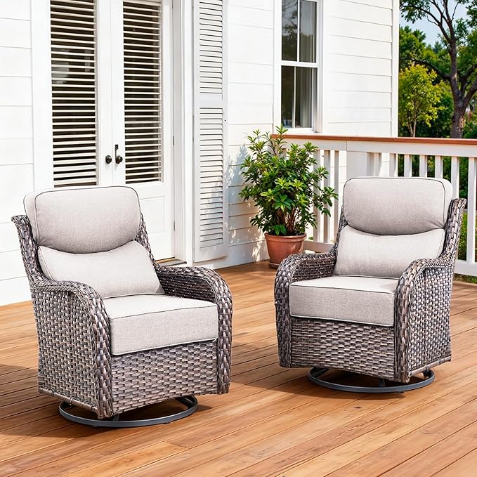 Pugire Luxury Outdoor Swivel Rocker Patio Chairs Set of 2 with 6-Inch Thick Cushions, High Back Swivel Patio Chairs Wicker Outdoor Gliders for Porch, Yard, Deck, Poolside, Brown/Beige