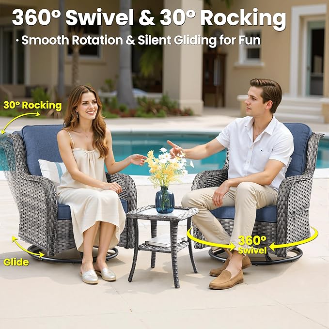 ovios 7 Pieces Patio Furniture Set, Outdoor Wicker Sofa Couch with Swivel Chairs 54" Fire Pit Table, High Back Modern All Weather Conversation Sets, Grey Rattan, Denim Blue