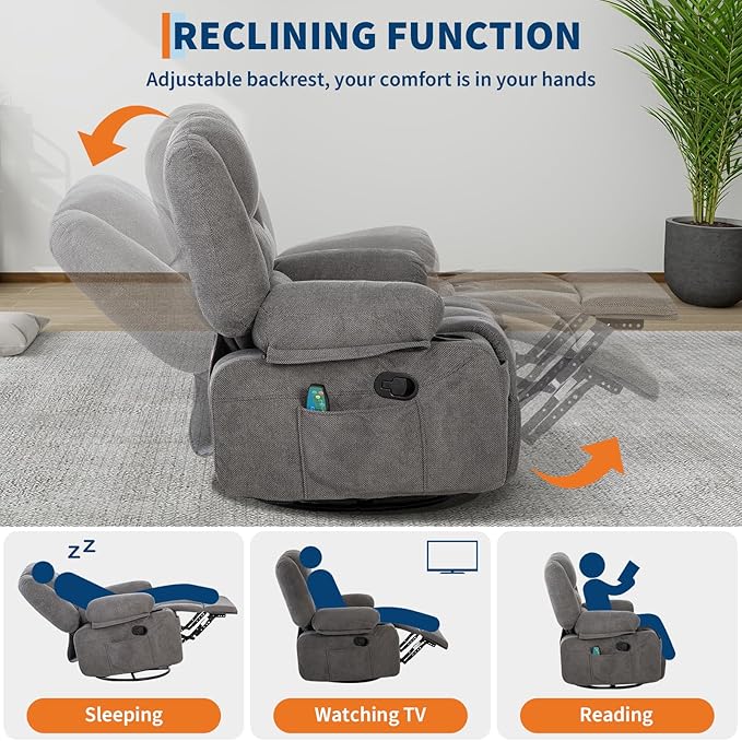 Rocker Recliner Chairs for Adults w/Vibration Massage and Heating,360° Swivel Rocker Glider Recliner,Extra Wide Manual Lazy Chair,Chenille Fabric Sofa Chair for Living Room,Bedroom Grey