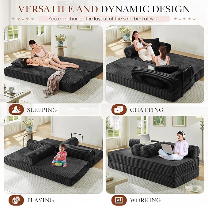 Modular Couch Bed, Convertible Folding Plush Corduroy Comfy Floor Memory Foam Compression Loveseat Sleeper Sofa Couch, King Size Bed for Guest Room Living Room Bedroom, No Assembly Required, Black