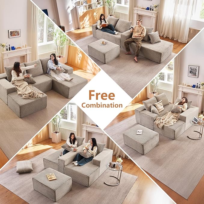 107.5" W Cloud Sectional Couch with Ottoman,Modern U-Shaped Cloud Couch with Deep Seat,Comfy Corduroy 4-Seater Sofa,Memory Foam Sofa for Living Room,No Assembly (Camel,Left-Facing Chaise)