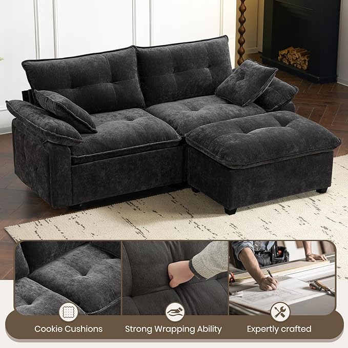 PALLOME 82" Deep Seat Comfy Cloud Couch, Modular Sectional Sofa with Movable Ottoman, L Shaped Chenille Sofa for Small Space, Modern Apartment Living Room & Office (Grey, 2-Seat + Ottoman)